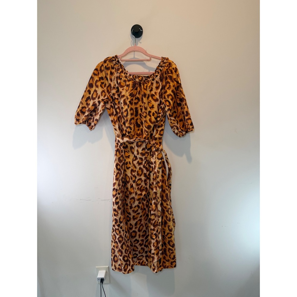 Kate Spade Leopard Print Cotton Midi Dress Orange Brown Belted Size 8